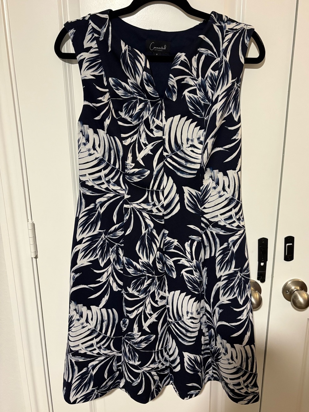 connected apparel Navy and White Tropical Leaf Sleeveless A-Line Dress